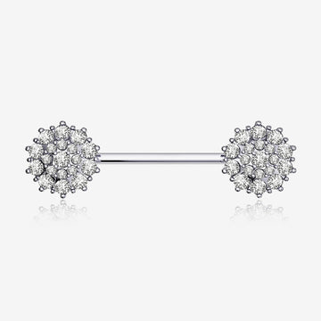 A Pair of 14 Karat White Gold Brilliant Sparkle Glam Flower Nipple Barbell-Clear Gem